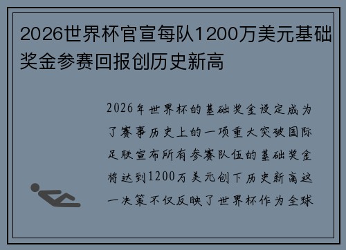 2026世界杯官宣每队1200万美元基础奖金参赛回报创历史新高